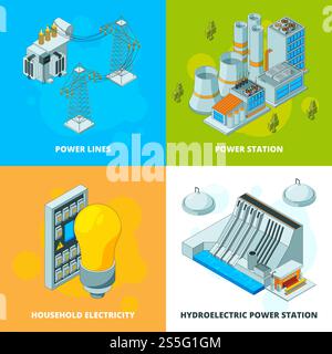 Centrali elettriche. Immagini isometriche del vettore di trasmissione ad alta tensione del generatore di simboli elettrici. Ilustrazione di energia elettrica isometrica, infrastrutture per la costruzione di stazioni. Centrali elettriche. Immagini isometriche del vettore di trasmissione ad alta tensione del generatore di simboli elettrici Illustrazione Vettoriale