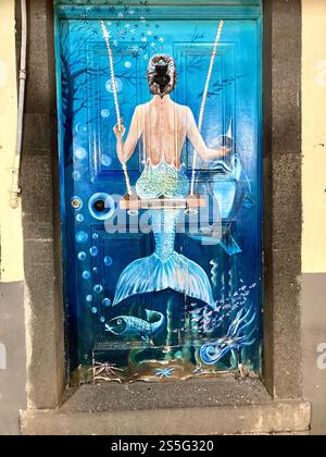 Primo piano di opere d'arte sulle porte di Rua de Santa Maria nella zona Velha a Funchal, Madeira. Foto Stock