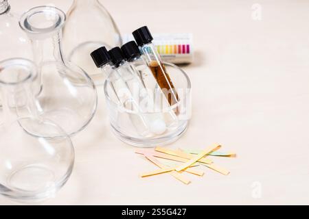 provette con liquidi e soluzioni, matracci e carte indicatrici su un tavolo luminoso con spazio di copyspace Foto Stock