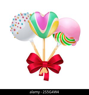 Dolce regalo con fiocco rosso realistico. Caramelle vettoriali e arco isolati su sfondo bianco. Illustrazione di caramelle dolci con fiocco a nastro per regalo. Dolce regalo con fiocco rosso realistico. Caramelle vettoriali e arco isolati su sfondo bianco Illustrazione Vettoriale