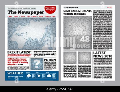 Design di giornali. Modello di giornale con spazio per la brochure vettoriale del layout di testo e immagini. Pagina di giornale con illustrazione del titolo. Design di giornali. Modello di giornale con spazio per la brochure vettoriale del layout di testo e immagini Illustrazione Vettoriale