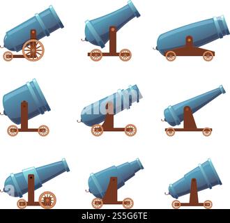 Cannoni retrò Cannon. Aggressione pirata militare artiglieria pesante combattimento medievale armi vettoriali set di cartoni animati isolati. Illustrazione di arma da cannone, pistola d'epoca con ruota. Cannoni retrò Cannon. Aggressione pirata militare artiglieria pesante combattimento medievale armi vettoriali set di cartoni animati isolati Illustrazione Vettoriale