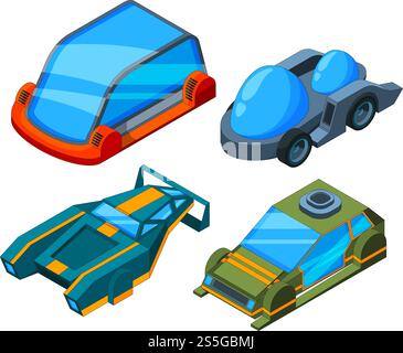 Auto isometriche futuristiche. Automobili futuristiche Vector 3d a basso contenuto di poli. Automobile elettrica, futura illustrazione di trasporto. Auto isometriche futuristiche. Automobili futuristiche Vector 3d a basso contenuto di poli Illustrazione Vettoriale