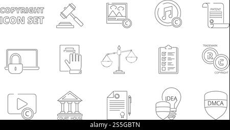 Icone della proprietà intellettuale. Copyright norme legali indipendenza diritti di individualità proprietà dei brevetti icone delle linee vettoriali. Illustrazione dei diritti di protezione del copyright intellettuale. Icone della proprietà intellettuale. Copyright norme legali indipendenza diritti di individualità proprietà dei brevetti icone delle linee vettoriali Illustrazione Vettoriale