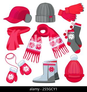 Vestiti invernali. Il berretto sciarpa spara abiti di moda natalizia in pelliccia isolati su una collezione vettoriale bianca. Illustrazione di guanti caldi e calze, stivali e sciarpe. Vestiti invernali. Il berretto sciarpa spara abiti di moda natalizia in pelliccia isolati su una collezione vettoriale bianca Illustrazione Vettoriale