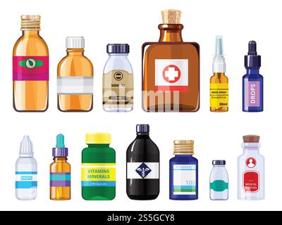 Varie bottiglie mediche. Immagini di concetto di assistenza sanitaria di bottiglie di farmaci con etichette. Illustrazione del flacone medico della farmacia vettoriale di colllection. Varie bottiglie mediche. Immagini di concetto di assistenza sanitaria di bottiglie di farmaci con etichette Illustrazione Vettoriale