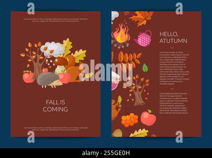 Illustrazione degli elementi autunnali dei cartoni animati vettoriali e delle foglie o del modello del volantino. Set di banner Web. Illustrazione degli elementi autunnali dei cartoni animati vettoriali e delle foglie o del modello del volantino Illustrazione Vettoriale