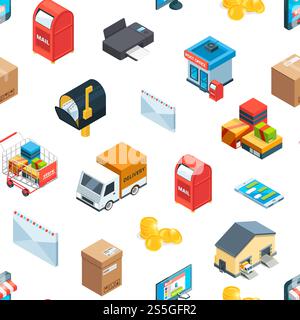 Schema delle icone di distribuzione e logistica isometrica vettoriale o illustrazione di sfondo. Modello di consegna senza soluzione di continuità, servizio di trasporto e distribuzione. Schema delle icone di distribuzione e logistica isometrica vettoriale o illustrazione di sfondo Illustrazione Vettoriale