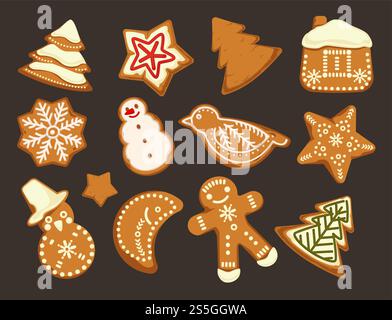 Buone feste, Natale tradizionale cookie grafica vettoriale. Insegne in forma di panificio con zenzero, zenzero e stella, casa e pino. Icone di celebrazione. Buone feste, Natale tradizionale cookie grafica vettoriale. Illustrazione Vettoriale