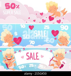 Banner promozionali per San Valentino. Cuori rossi simpatici e divertenti cupidi con fiocco simboli romantici mercato vettoriale o etichette web. Banner di vendita con amur cupid, illustrazione pubblicitaria del consumismo. Banner promozionali per San Valentino. Cuori rossi simpatici e divertenti cupidi con fiocco simboli romantici mercato vettoriale o etichette web Illustrazione Vettoriale