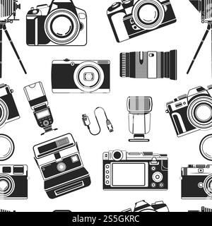 Fotografia fotografica, apparecchiatura portatile vecchio stile per fotografi vettore di pattern senza cuciture. Icone monocromatiche dell'obiettivo ottico e degli obiettivi per scattare foto di qualità. Fotografia arte e. Fotografia fotografica, apparecchiatura portatile vecchio stile per fotografi vettore di pattern senza cuciture. Illustrazione Vettoriale