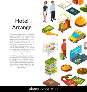 Banner vettoriale e icone isometriche hotel poster sfondo con spazio per l'illustrazione di testo. Sfondo delle icone isometriche vettoriali degli hotel con spazio per l'illustrazione del testo Illustrazione Vettoriale