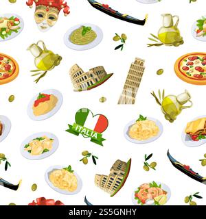 Cartoni animati vettoriali elementi di cucina italiana pattern o illustrazione di sfondo. Pasto tradizionale e cibo. Cartoni animati vettoriali elementi di cucina italiana pattern o illustrazione di sfondo Illustrazione Vettoriale