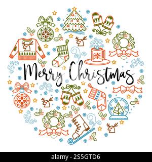 Icone simboliche di buon Natale posizionate in cerchio con testo vettoriale. Maglione lavorato a maglia con immagine di renne, giocattoli decorativi di baubles e rami di pino rami di mignolo decorati con nastri. Icone simboliche di buon Natale posizionate in cerchio con testo Illustrazione Vettoriale
