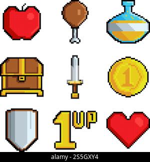 Icone dei giochi pixel. Vari simboli stilizzati per i videogiochi. Icone della collezione di videogiochi a 8 bit, stilizzazione di una moneta pixel vintage e illustrazione a forma di cuore. Icone dei giochi pixel. Vari simboli stilizzati per i videogiochi Illustrazione Vettoriale