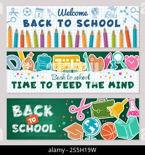 Striscioni scolastici. Illustrazioni vettoriali per i banner Back to School. Banner di benvenuto per la scuola, istruzione e forniture per lo studio. Striscioni scolastici. Illustrazioni vettoriali per i banner Back to School Illustrazione Vettoriale