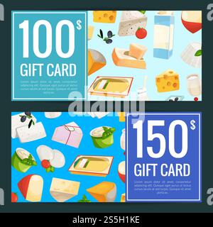 Illustrazione di modelli di voucher regalo o sconti per i prodotti caseari e caseari a cartoni animati vettoriali. Sconto sui prodotti caseari e caseari dei cartoni animati vettoriali Illustrazione Vettoriale