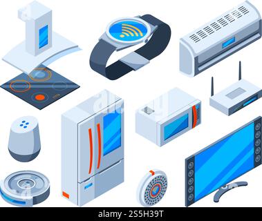 Oggetti domestici intelligenti. Strumenti domestici con tecnologie Internet dispositivi di sicurezza elettronica controllano le immagini isometriche vettoriali. Illustrazione di casa elettronica, controllo Internet intelligente. Oggetti domestici intelligenti. Strumenti domestici con tecnologie Internet dispositivi di sicurezza elettronica controllano le immagini isometriche vettoriali Illustrazione Vettoriale