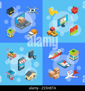 Illustrazione del concetto di infografica delle icone isometriche di spedizione e consegna del vettore di collisione di banner e poster. Illustrazione del concetto di infografica delle icone di spedizione e consegna isometrica vettoriale Illustrazione Vettoriale