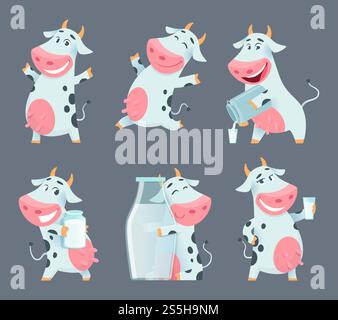 Cartoni animati mucca. Simpatico personaggio animale del latte di fattoria in varie pose d'azione divertente mascotte vettoriale. Illustrazione di un animale da allevamento con bottiglia di latte. Cartoni animati mucca. Simpatico personaggio animale del latte di fattoria in varie pose d'azione divertente mascotte vettoriale Illustrazione Vettoriale
