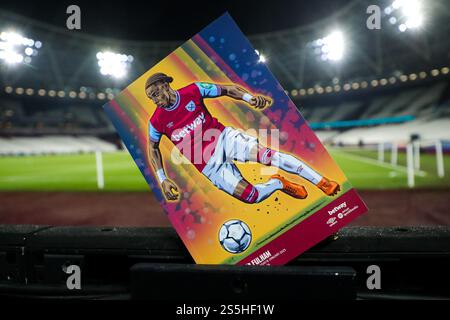 Londra, Regno Unito. 14 gennaio 2025. Una visione generale del programma del giorno della partita la partita di Premier League tra West Ham United e Fulham al London Stadium, Londra, Regno Unito, 14 gennaio 2025 (foto di Izzy Poles/News Images) a Londra, Regno Unito, il 1/14/2025. (Foto di Izzy Poles/News Images/Sipa USA) credito: SIPA USA/Alamy Live News Foto Stock