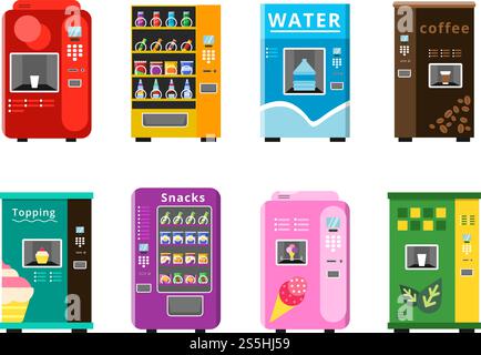 Distributori automatici. Vendita automatica di cibi, snack e bevande, caffè, gelati e illustrazioni piatte di popcorn. Distributori automatici con snack e acqua. Distributori automatici. Vendita automatica di cibi, snack e bevande, caffè, gelati e illustrazioni piatte di popcorn Illustrazione Vettoriale