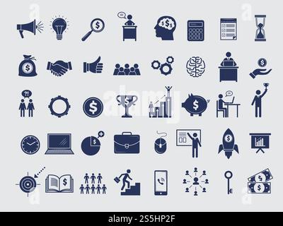 Collezione di simboli aziendali. Diagramma dei gestori di denaro alla borsa da lavoro, team Arrows pc laptop, icone vettoriali isolate. Soldi e team, uomini d'affari e illustrazione degli obiettivi. Collezione di simboli aziendali. Diagramma dei gestori di denaro alla borsa da lavoro, team Arrows pc laptop, icone vettoriali isolate Illustrazione Vettoriale