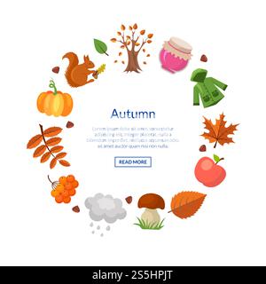 Elementi autunnali e foglie vettoriali a forma di cerchio con spazio per l'illustrazione del testo isilati su bianco. Elementi autunnali del cartone animato vettoriale e foglie a forma di cerchio con spazio per l'illustrazione del testo Illustrazione Vettoriale