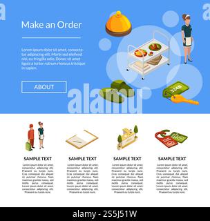 Illustrazione del modello di pagina di destinazione delle icone isometriche vettoriali degli hotel. Infografiche isometriche hotel, informazioni 3d, informazioni reception. Illustrazione del modello di pagina di destinazione delle icone isometriche vettoriali degli hotel Illustrazione Vettoriale
