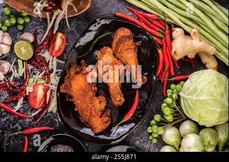 Tre pezzi di pollo fritto su un piatto nero. Foto Stock