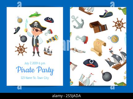 Banner d'invito per la festa di compleanno dei pirati marittimi e illustrazione del modello di poster. Illustrazione del modello di invito per la festa di compleanno dei pirati marittimi del cartone animato vettoriale Illustrazione Vettoriale