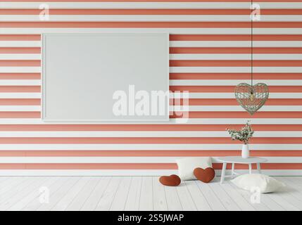 Mock-up di una cornice per poster in interni moderni in salotto, isolata su sfondo chiaro, rendering 3D, illustrazione 3D. Foto Stock