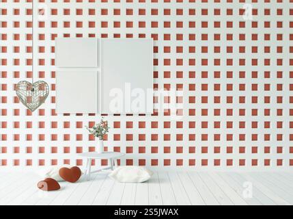 Mock-up di una cornice per poster in interni moderni in salotto, isolata su sfondo chiaro, rendering 3D, illustrazione 3D. Foto Stock