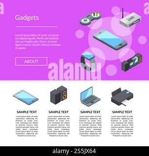 Icone dei gadget isometrici vettoriali modello di pagina di destinazione con illustrazione delle informazioni di testo. Illustrazione del modello di pagina di destinazione delle icone dei gadget isometrici vettoriali Illustrazione Vettoriale