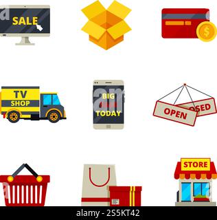 Icona dello shopping online. Negozio Web carte di pagamento denaro negozio al dettaglio e-commerce simbolo del computer prodotti di vendita servizi immagini vettoriali piatte. Immagine di un negozio Web e di Internet retail. Icona dello shopping online. Negozio Web carte di pagamento denaro negozio al dettaglio e-commerce simbolo del computer prodotti di vendita servizi immagini vettoriali piatte Illustrazione Vettoriale