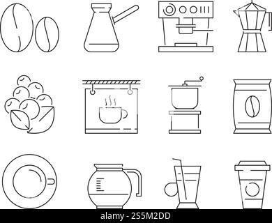 Icona dell'ora del caffè. Tazze da tè e bevande calde che montano la macchina per il cibo, il vettore del caffè irlandese, simboli sottili lineari. Illustrazione di tazze e bevande con tè, caffè caldo e bevande. Icona dell'ora del caffè. Tazze da tè e bevande calde che montano la macchina per il cibo, il vettore del caffè irlandese, simboli sottili lineari Illustrazione Vettoriale