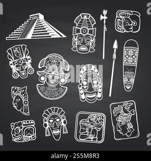 Cartoni animati vettoriali aztec e maya elementi maschera impostati su sfondo nero di lavagna. Mascherina azteca etnica, idolo rituale arte. Cartoni animati vettoriali aztec e maya elementi maschera impostati su sfondo nero di lavagna Illustrazione Vettoriale