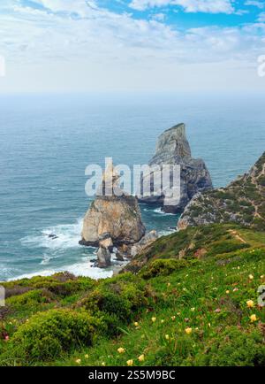 Oceano atlantico costa (massi di granito e scogliere sul mare) in nuvoloso meteo. Vista dal Capo Roca (Cabo da Roca), Portogallo. Foto Stock