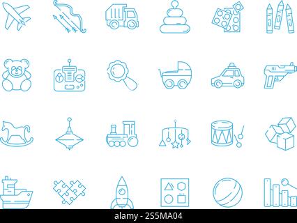 Icona giochi per bambini. I giocattoli di gioco morbidi portano soldati di cavalli auto di plastica simboli di linee sottili vettoriali. Illustrazione del gioco e del giocattolo a cavallo, del peluche e della piramide. Icona giochi per bambini. I giocattoli di gioco morbidi portano soldati di cavalli auto di plastica simboli di linee sottili vettoriali Illustrazione Vettoriale