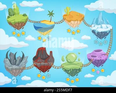 Mappa dei livelli di gioco. Stadi dell'interfaccia utente mobile con varie isole isometriche con erba rocciosa acqua ghiacciata e modello vettoriale del vulcano. Piattaforma di gioco con roccia e montagna, illustrazione di un'isola. Mappa dei livelli di gioco. Stadi dell'interfaccia utente mobile con varie isole isometriche con erba rocciosa acqua ghiacciata e modello vettoriale del vulcano Illustrazione Vettoriale
