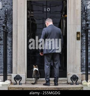 Londra, Regno Unito. 14 gennaio 2025. Larry, il Downing Street Cat, il capo Mouser e il capo Photobomber aspettano che la porta n. 10 venga aperta per lui e per un membro dello staff. I ministri partecipano alla riunione del gabinetto di governo a Downing Street, Londra, Regno Unito Credit: Imageplotter/Alamy Live News Foto Stock