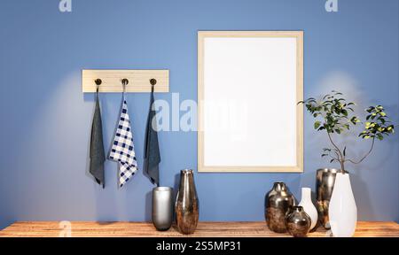 Mockup con illustrazione 3D grande tavola con cornice nella sala da pranzo con cucina a casa, interni in stile scandinavo colori pastello e decorazioni graziose Foto Stock