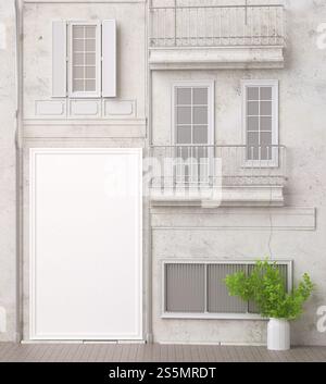 Mockup con illustrazione 3D per esterni, grande cartellone o cornice fotografica sulla parete di una bella casa, finestre e balcone con vaso di piante, decorato con Foto Stock
