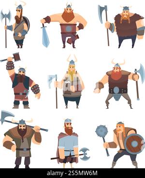 Cartone animato vichingo. Mitologia dei guerrieri medievali norreni personaggi vettoriali. Illustrazione di un guerriero con barba nel casco, vichingo con arma. Cartone animato vichingo. Mitologia dei guerrieri medievali norreni personaggi vettoriali Illustrazione Vettoriale