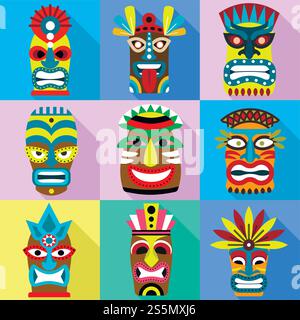 Set di icone maschera aborigena. Set piatto di 9 icone vettoriali aborigene della maschera per il web design isolate su sfondo bianco. Set icone maschera aborigena, stile piatto Illustrazione Vettoriale