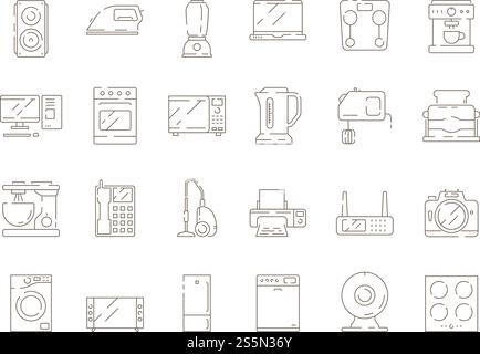 Articoli per le famiglie. Elettrodomestici da cucina mixer microonde tv computer frigorifero vettoriale icone di linea sottile. Illustrazione della cucina, del frullatore e del frigorifero. Articoli per le famiglie. Elettrodomestici da cucina mixer microonde tv computer frigorifero vettoriale icone di linea sottile Illustrazione Vettoriale