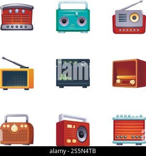 Set di icone radio vintage. Set cartoni animati di icone vettoriali radio vintage per il web design. Set di icone radio vintage, stile cartoni animati Illustrazione Vettoriale