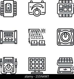 Set di icone dell'energia solare moderna. Contorno di 9 moderne icone vettoriali di energia solare per il web design isolate su sfondo bianco. Set di icone dell'energia solare moderna, stile di contorno Illustrazione Vettoriale