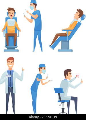 Personaggi dei dentisti. Illustrazione del cartone animato della medicina della Stomatologia della bocca diagnostica sanitaria vettoriale. Dentista carattere sanitario, medico specialista e paziente. Personaggi dei dentisti. Stomatology medicina diagnostica bocca assistenza sanitaria vettoriale illustrazioni cartoon Illustrazione Vettoriale