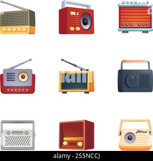 Icone radio sintonizzatore impostate. Set cartoni animati di icone vettoriali radio sintonizzatore per la progettazione Web. Set di icone radio sintonizzatore, stile cartone animato Illustrazione Vettoriale